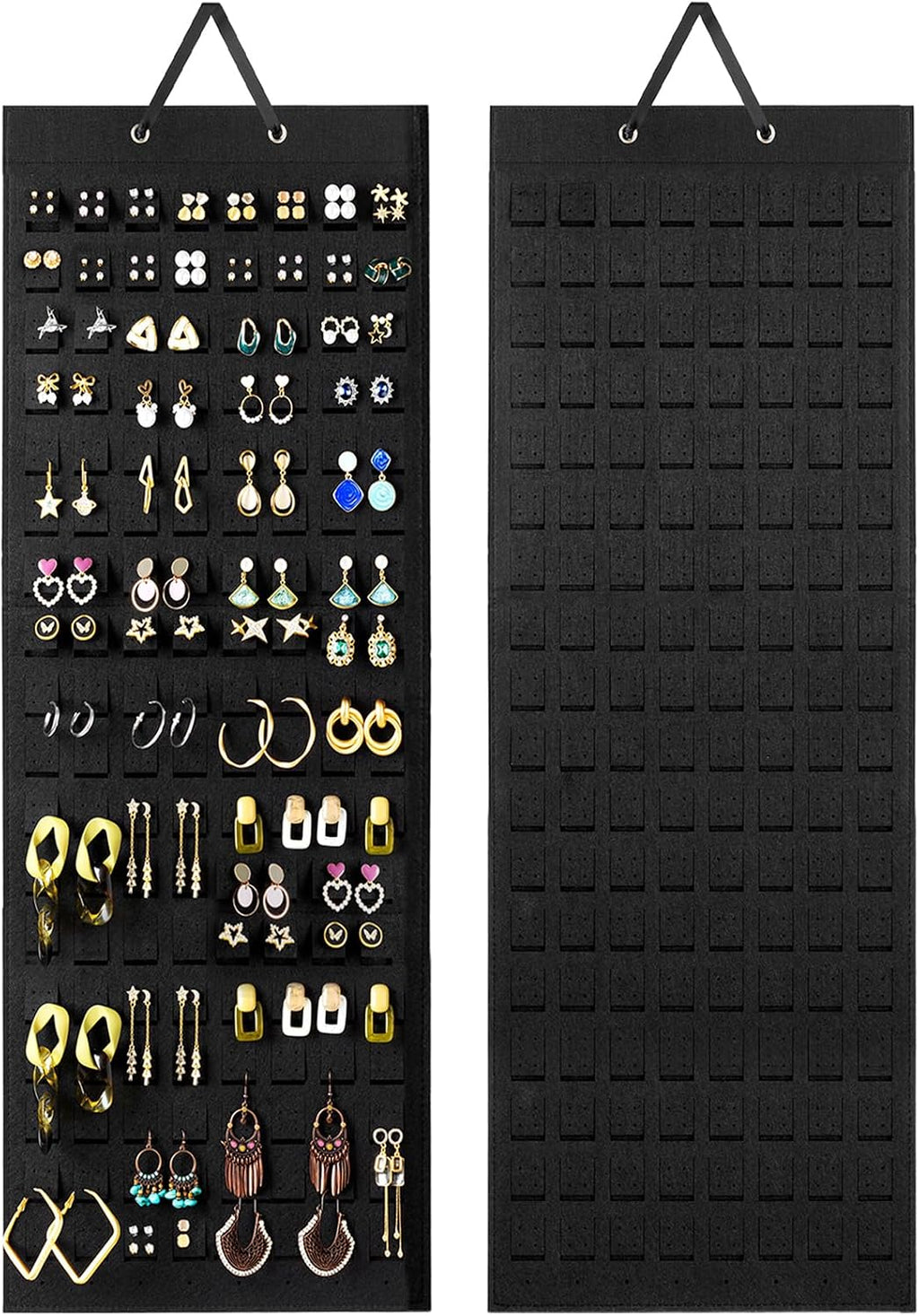 Lolalet Hanging Earring Holder Organizer with 20 Hooks for Women, Earring Organizer Wall Earrings Hanger Pierced Earring Storage, Felt Stud Earring Display, 608 Holes for Earrings - Black, 2 Pack
