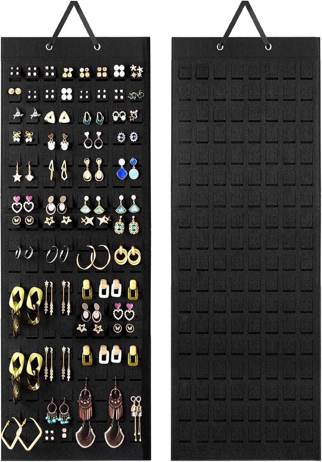 Lolalet Hanging Earring Holder Organizer with 20 Hooks for Women, Earring Organizer Wall Earrings Hanger Pierced Earring Storage, Felt Stud Earring Display, 608 Holes for Earrings - Black, 2 Pack