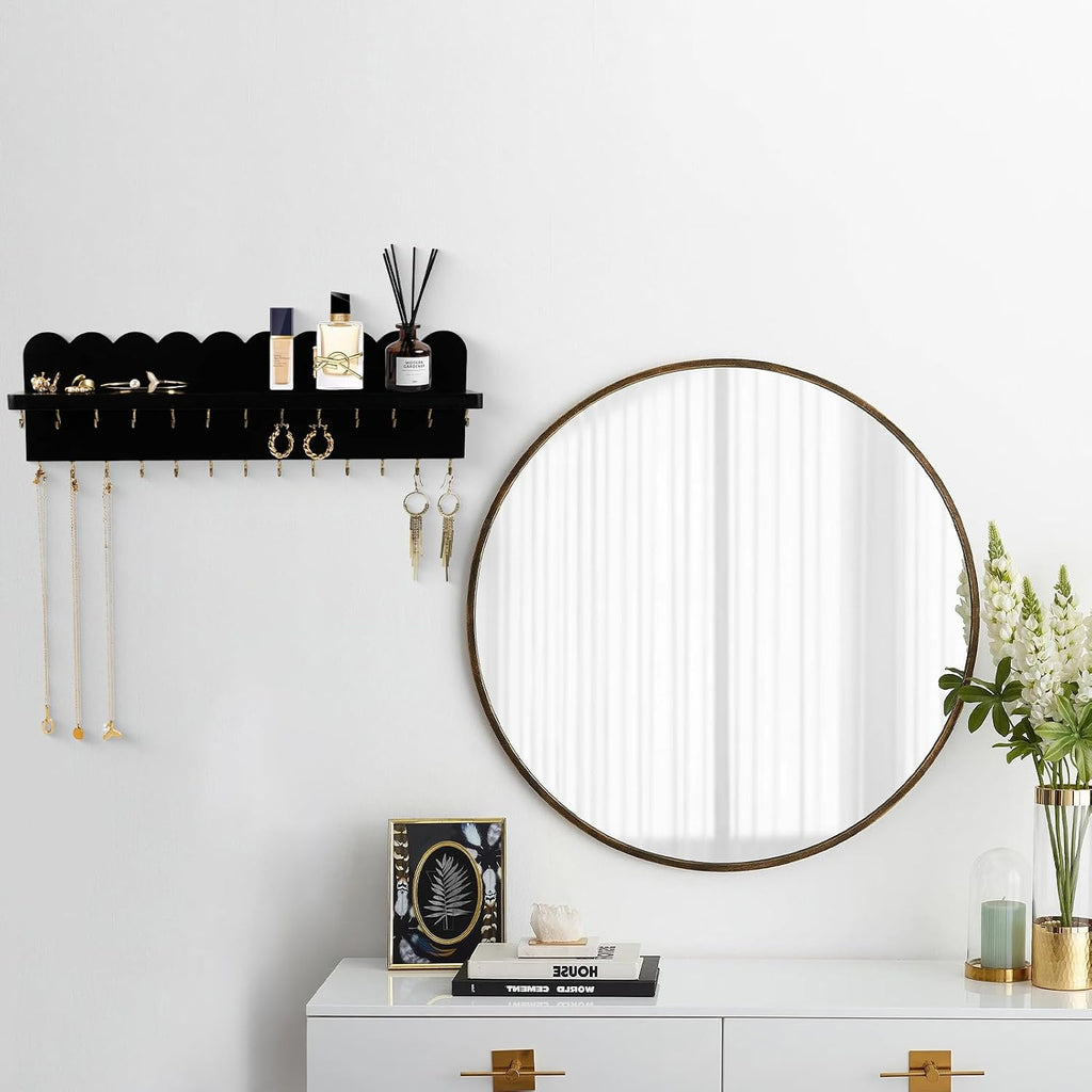 Wall Mount Jewelry Organizer with 26 Hooks and Cosmetics Shelf, Modern Wood Hanging Jewelry Holder for Necklaces, Bracelets, Earrings and Rings, Black