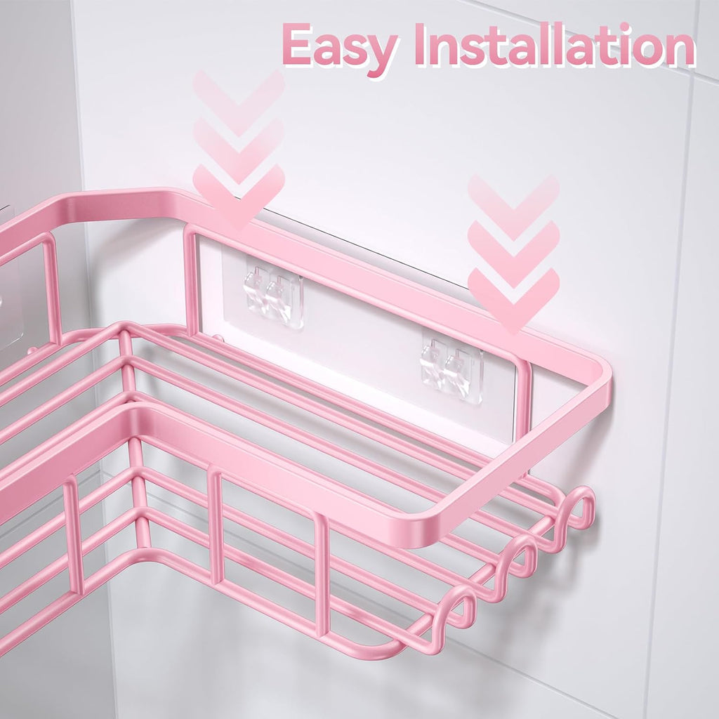 YASONIC Corner Adhesive Shower Caddy, with Soap Holder and 12 Hooks, Rustproof Stainless Steel Bathroom Organizer, No Drilling Wall Mounted Rack, Pink, 3-Pack