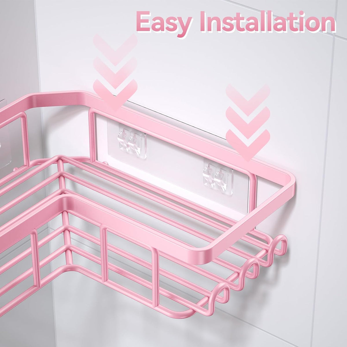 YASONIC Corner Adhesive Shower Caddy, with Soap Holder and 12 Hooks, Rustproof Stainless Steel Bathroom Organizer, No Drilling Wall Mounted Rack, Pink, 3-Pack