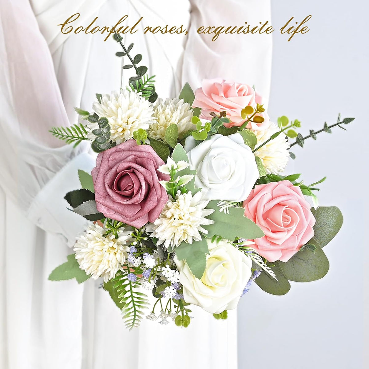 BLEUM CADE 16Pcs Artificial Flowers Fake Foam Roses with Stems for Wedding
