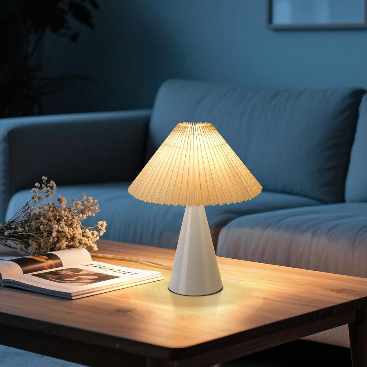 Ziqqeelam Light Blue Small Table Lamp, Cute Table Lamp, Pleated Table Lamp,Light Blue Bedroom Lamps for Nightstand, Small Scalloped Lamp Shade Table Lamps for Small Spaces for Bedroom,Living Room