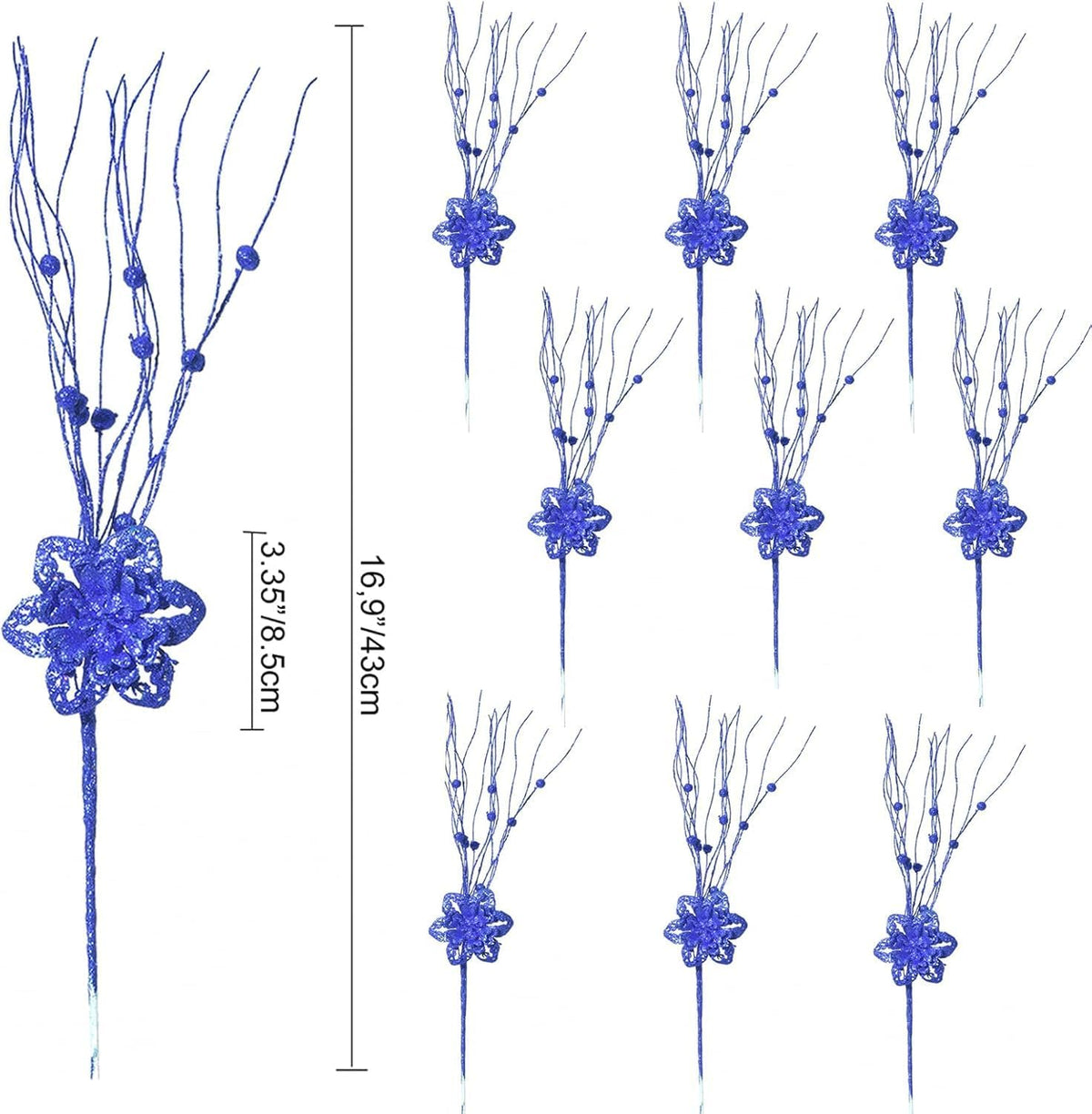 10pcs Artificial Glitter Poinsettia Flower Berry Stem Ornaments Christmas Tree Picks Branches for Xmas Tree Decorations Gift Home Wedding Holiday Party Decor, Royal Blue