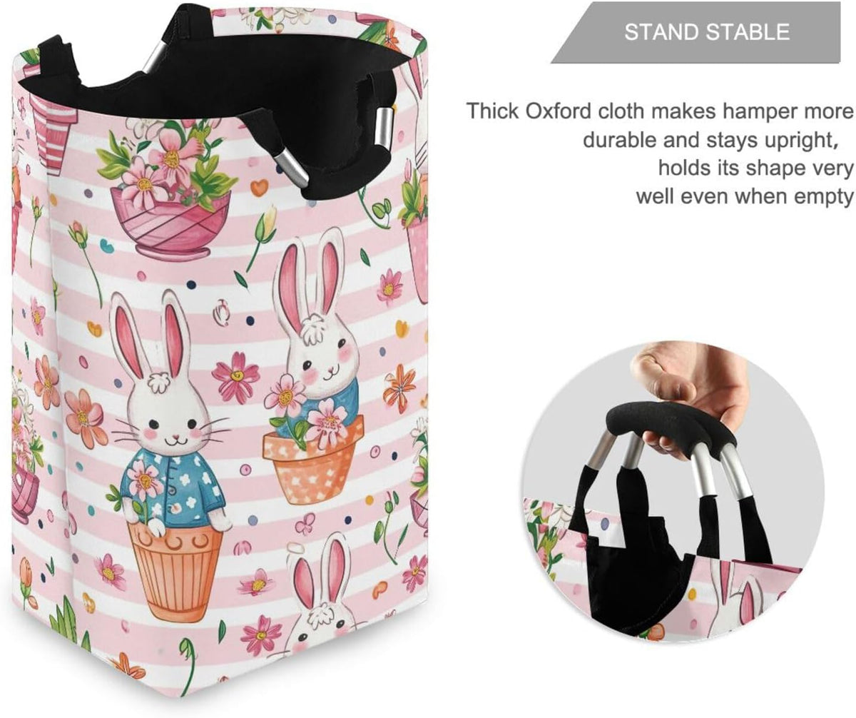 Nander Cute Bunny Laundry Hamper Oxford Cloth Fabric Laundry Basket Collapsible Storage Bin with Aluminum Circle Handles, Waterproof Inner