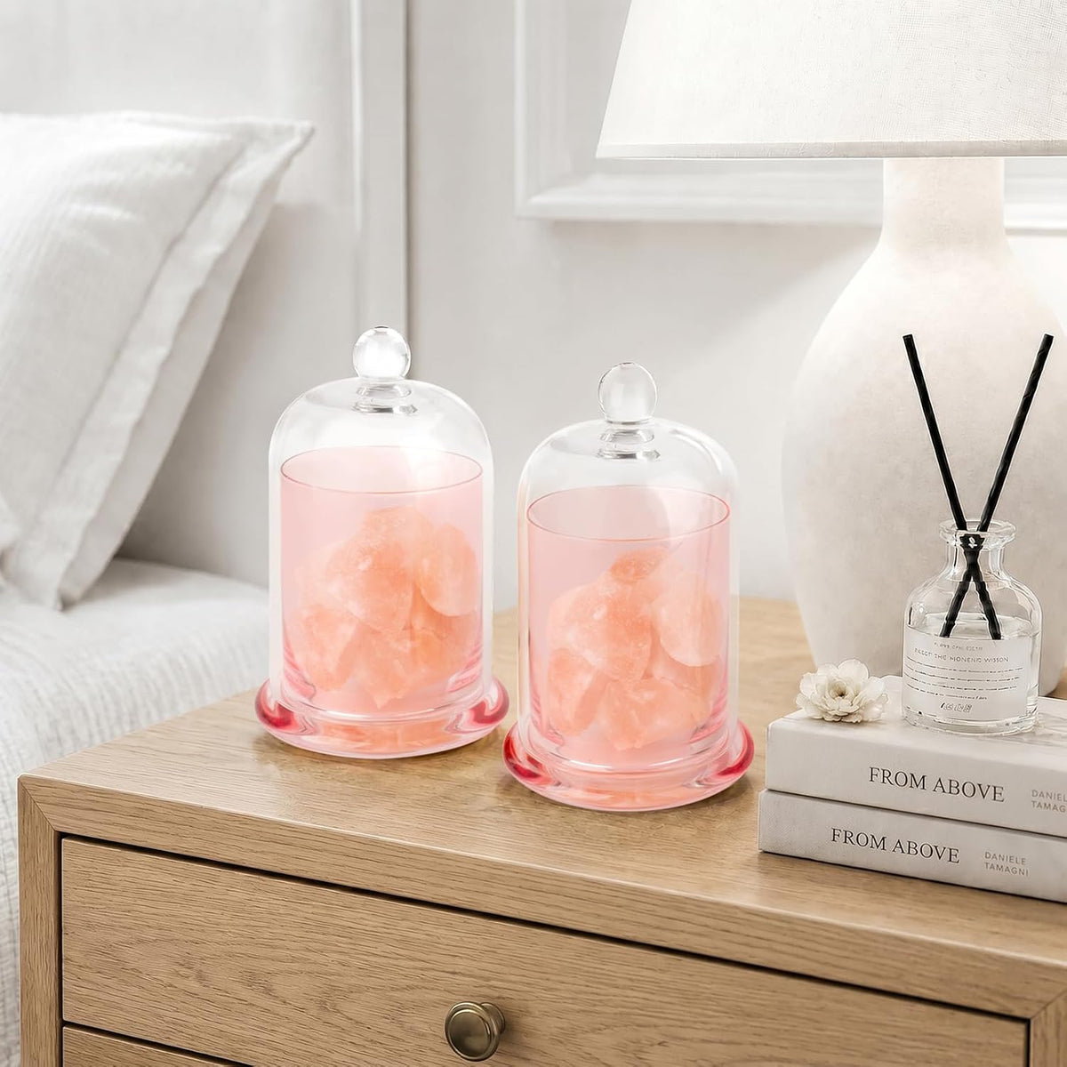 rejomiik Qtip Holder Glass Apothecary Jars with Lids Bathroom Storage Pink