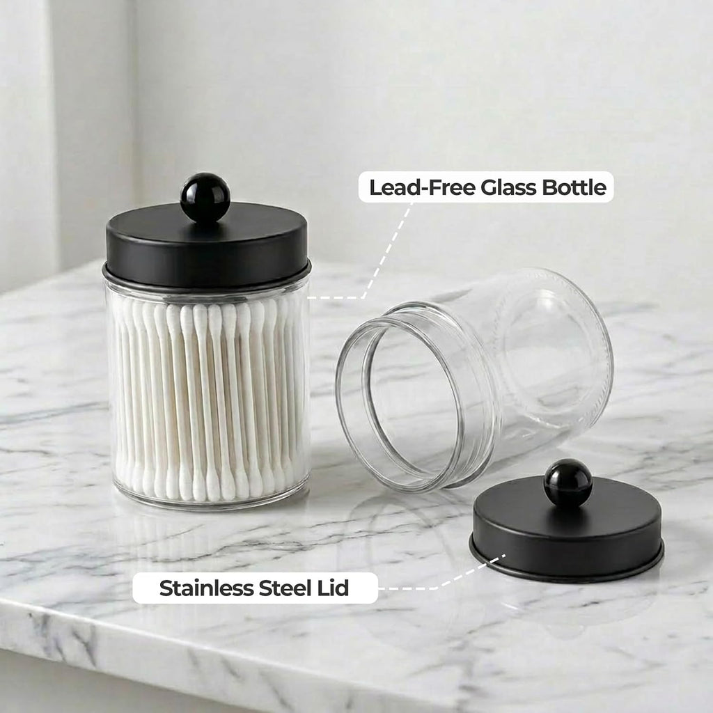 Amolliar Glass Apothecary Jar Qtip Holder w/Metal Lids, Black