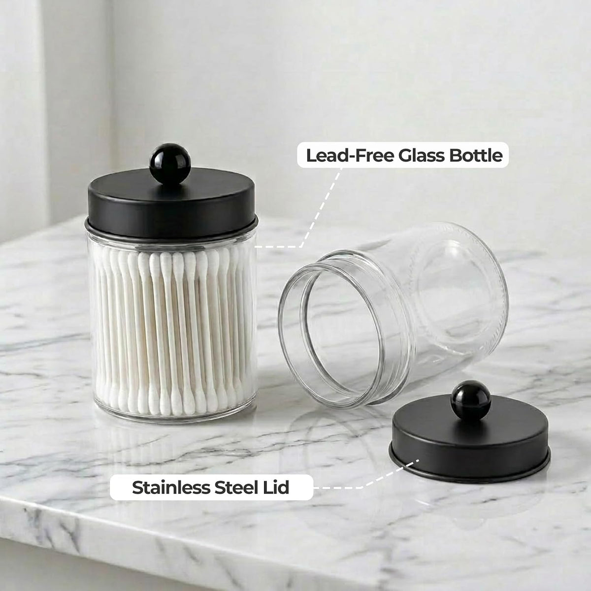 Amolliar Glass Apothecary Jar Qtip Holder w/Metal Lids, Black