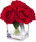 Enova Floral 7 Large Stems Artificial Silk Roses Fake Flowers Arrangement in Cube Glass Vase with Faux Water for Home Office Wedding Decoration (Red)