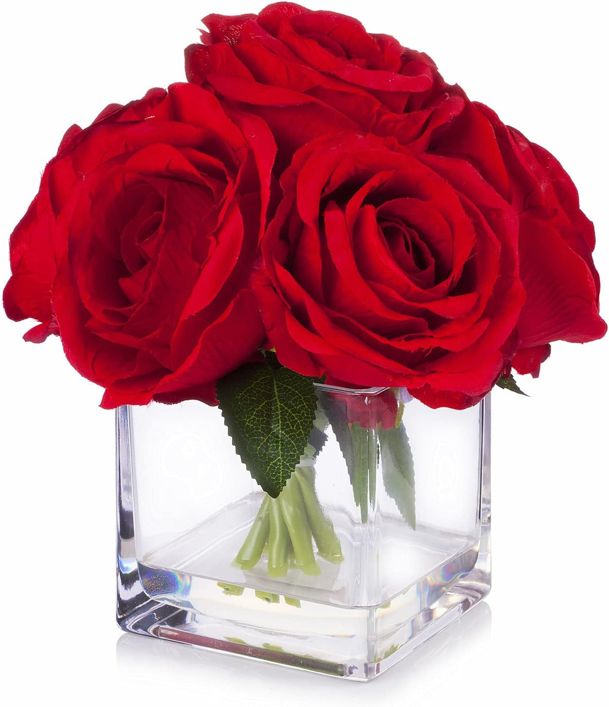 Enova Floral 7 Large Stems Artificial Silk Roses Fake Flowers Arrangement in Cube Glass Vase with Faux Water for Home Office Wedding Decoration (Red)