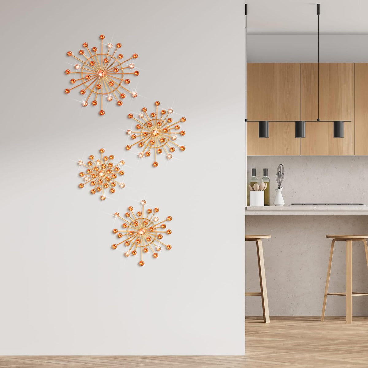 Blulu 4 Pcs Metal Wall Art Starburst Decor with 3D Rhinestone, Orange