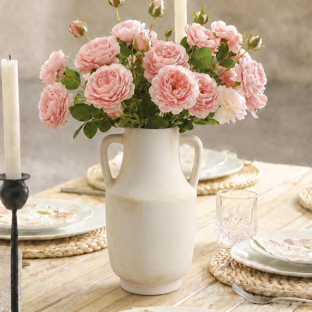 Deep Dream Ceramic Flower Vase with Handles, 11 Inch Large White Ceramic Vase, Decorative Tall Terracotta Vase, Farmhouse Rustic Vase for Home Decor, Shelf, Living Room, Bedroom,Table (White)