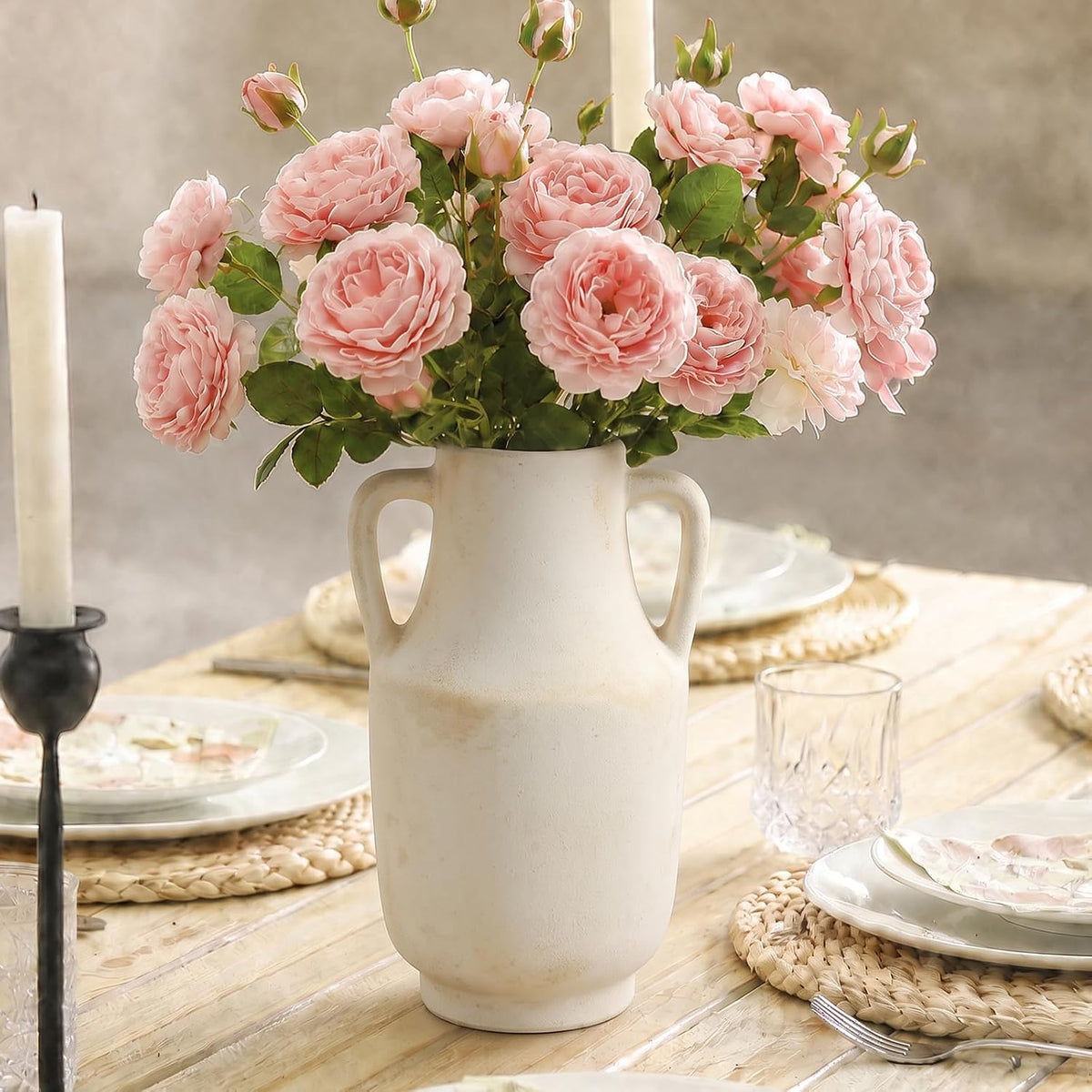 Deep Dream Ceramic Flower Vase with Handles, 11 Inch Large White Ceramic Vase, Decorative Tall Terracotta Vase, Farmhouse Rustic Vase for Home Decor, Shelf, Living Room, Bedroom,Table (White)