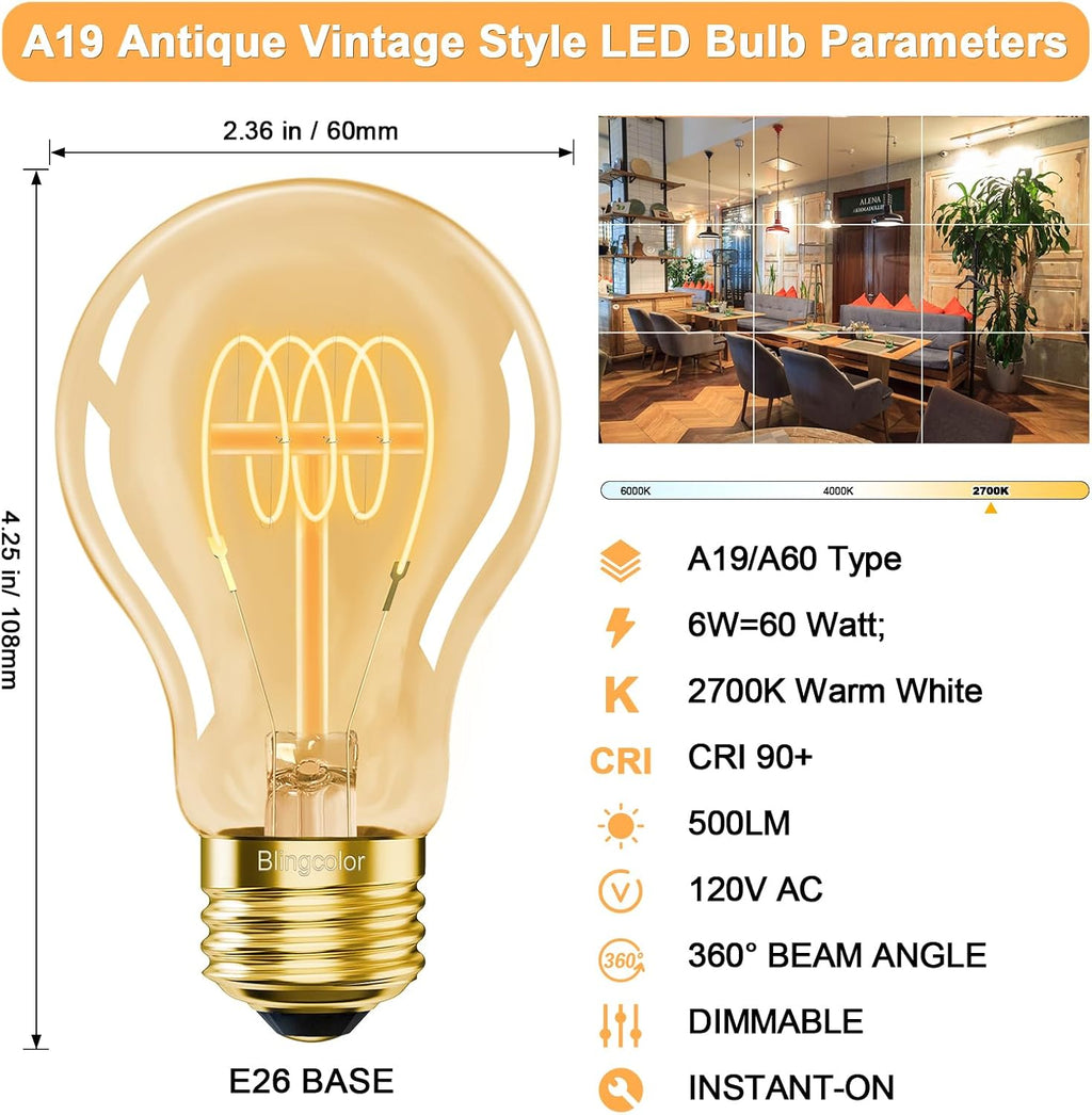 E26 Dimmable A19 Vintage 6W LED Edison Bulbs 2700K Decorative Light Bulbs
