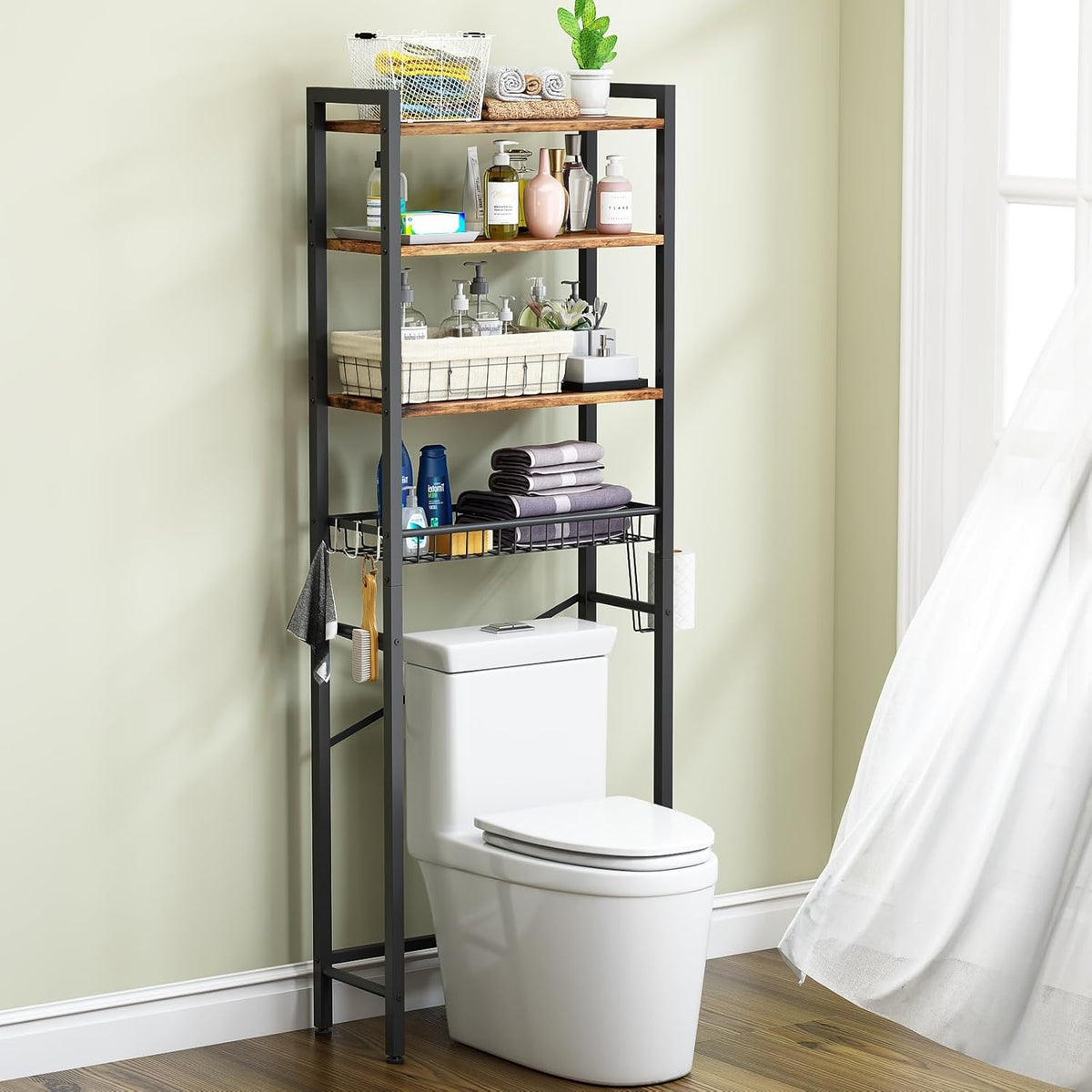 Kalrin Over-The-Toilet Storage Rack, 4-Tier Bathroom Organizer Shelf Over Toilet with Adjustable Shelf and Basket, Freestanding Space Saver Bathroom Shelves Above Toilet for Room (Vintage Brown)