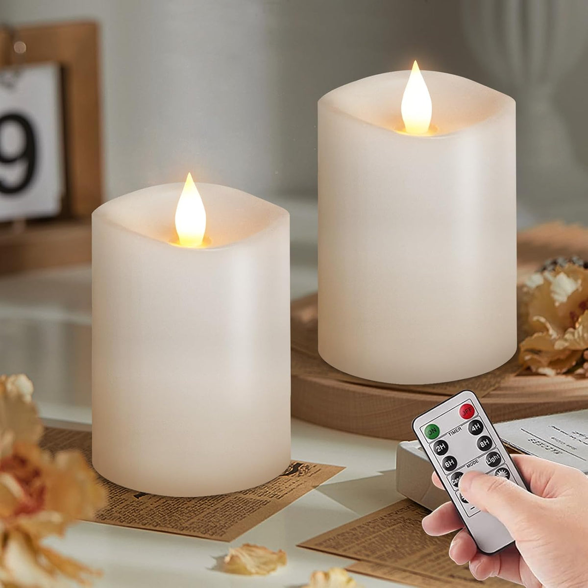 3x4 Flameless Candles with Remote Set of 2, 4 inch Battery Candles Flickering with Timer, LED Pillar Candle for Indoor/Outdoor, White