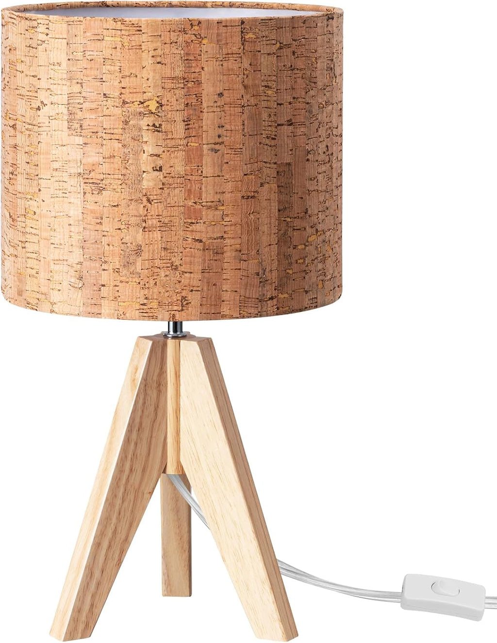 EDISHINE Small Table Lamp, Wood Tripod Nightstand Lamp, Bark Linen Shade