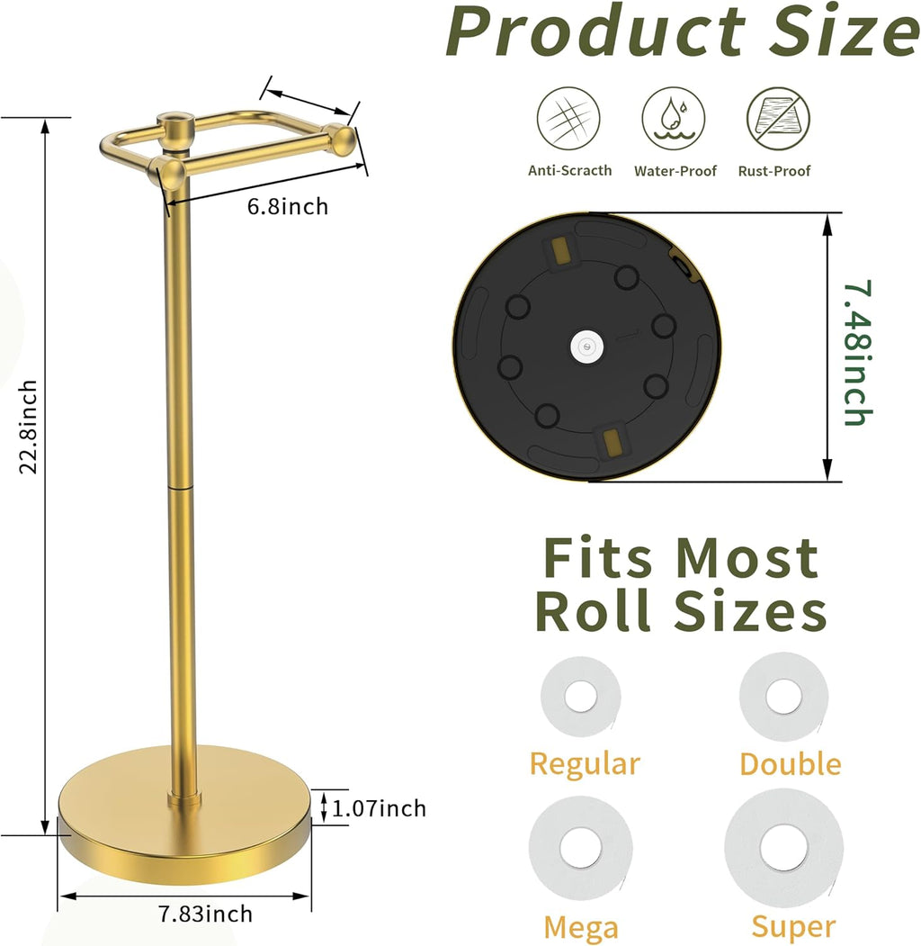 Toilet Paper Holder Stand, Modern Bathroom Free Standing Toilet Paper Roll Holder, Post Pivoting Toilet Paper Stand with Stainless Steel Tissue Rack, Rust-Proof & Heavy Stable Base（Brushed Gold）