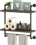 Helsin 2 Tier Wood Floating Shelves Towel Rack, Industrial Pipe Bathroom Shelves Wall Mounted with Towel bar, Wall Display Storage Shelf for Home & Bathroom Decor (Gray, 24inch)