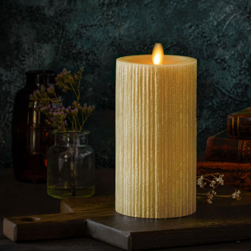 Luminara - Flameless Flickering Real Wax Moving Flame Battery Operated Unscented Candle LED Décor & Gift- Embossed Pillar Collection - Everyday Metallic Furrow, Champagne (3.25" x 6.5")