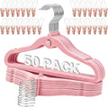 Velvet Clothes Hangers 50 Pack, 11.8" Non-Slip Flocked Garment Hangers with 30 Hanging Clips, Space Saving Small Size Clothing Hangers for Closet, Dresses, Tops, Pants,(Pink)