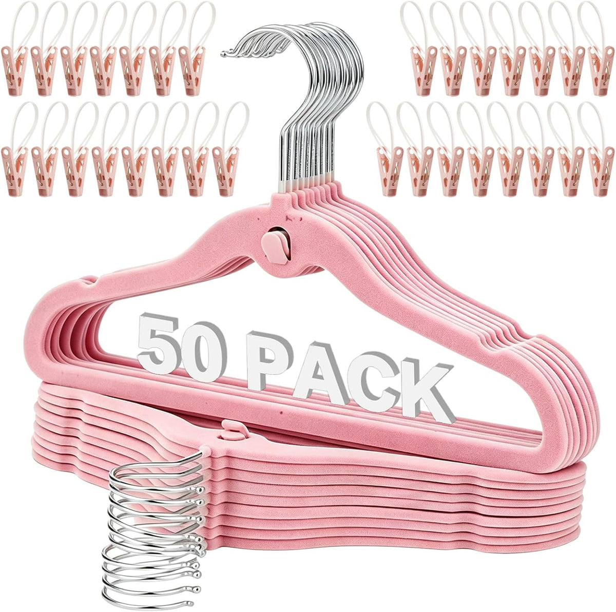 Velvet Clothes Hangers 50 Pack, 11.8" Non-Slip Flocked Garment Hangers with 30 Hanging Clips, Space Saving Small Size Clothing Hangers for Closet, Dresses, Tops, Pants,(Pink)