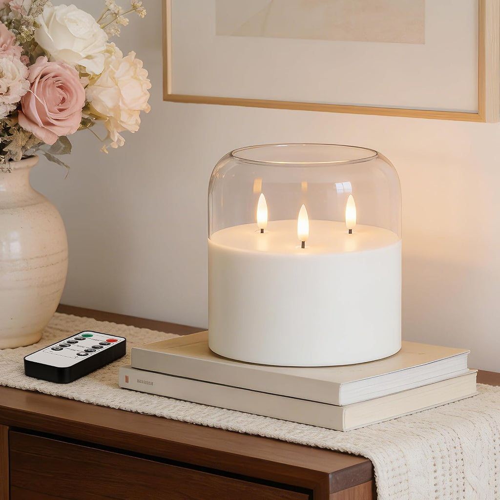 3 Wick Flameless Candle with Remote, Clear Glass, Wax, Battery Operated LED