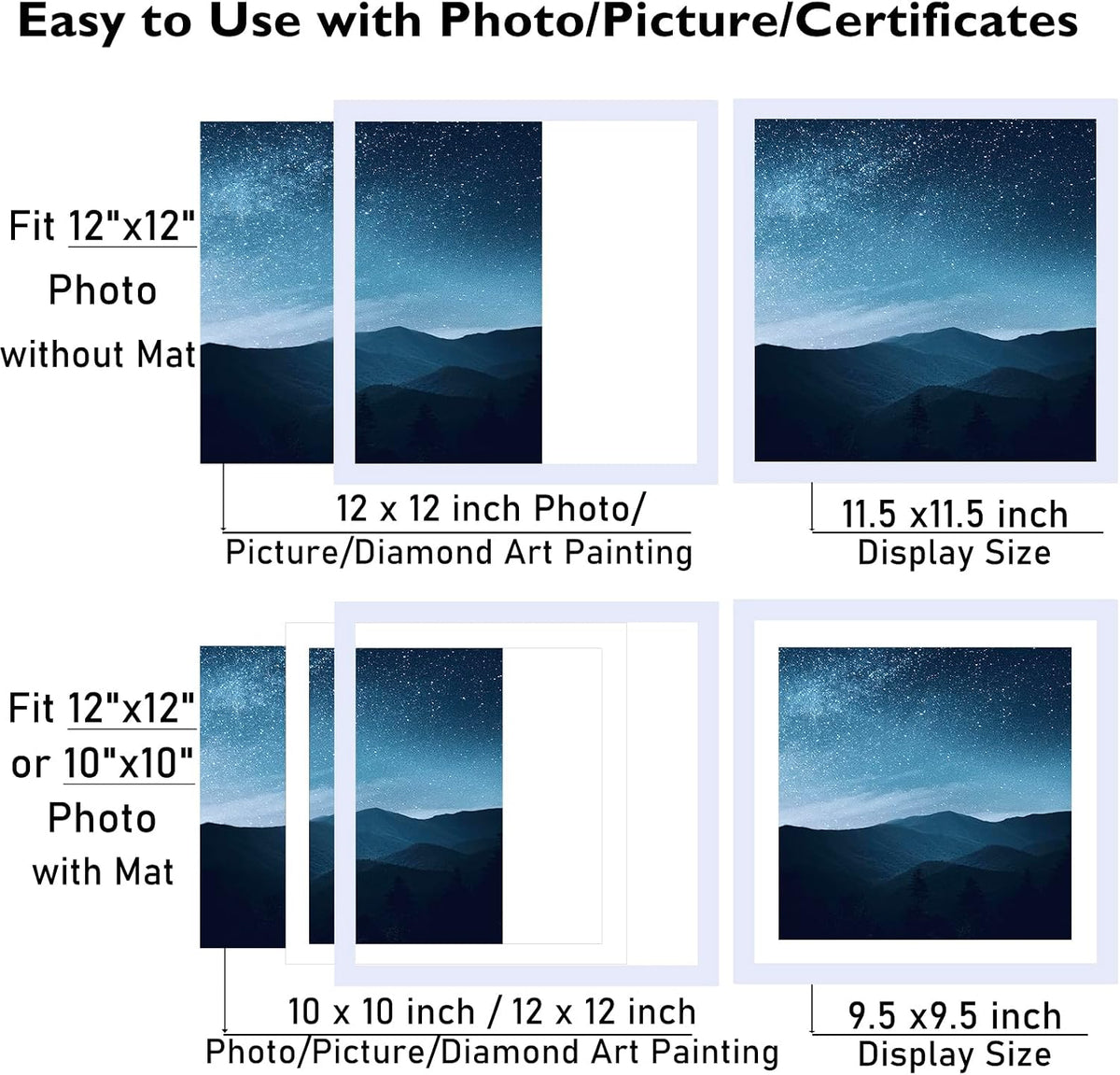 JCJMY 12x12 Picture Frame Set of 4 White with 10x10 Mat for 30 x 30cm Diamond Art Painting, Display Photo 12 x 12 Without Mat, Wall Hanging Large Frame with Plexiglass, 4 Pack
