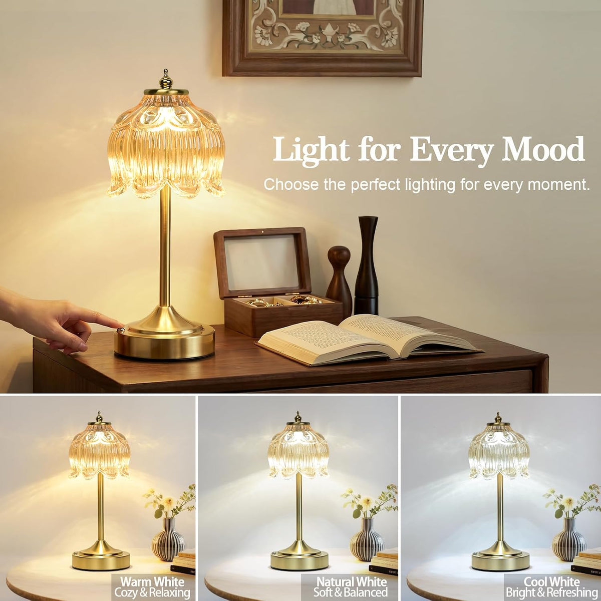 Amber Glass Flower Lamp, Rechargeable Cordless Table Lamp