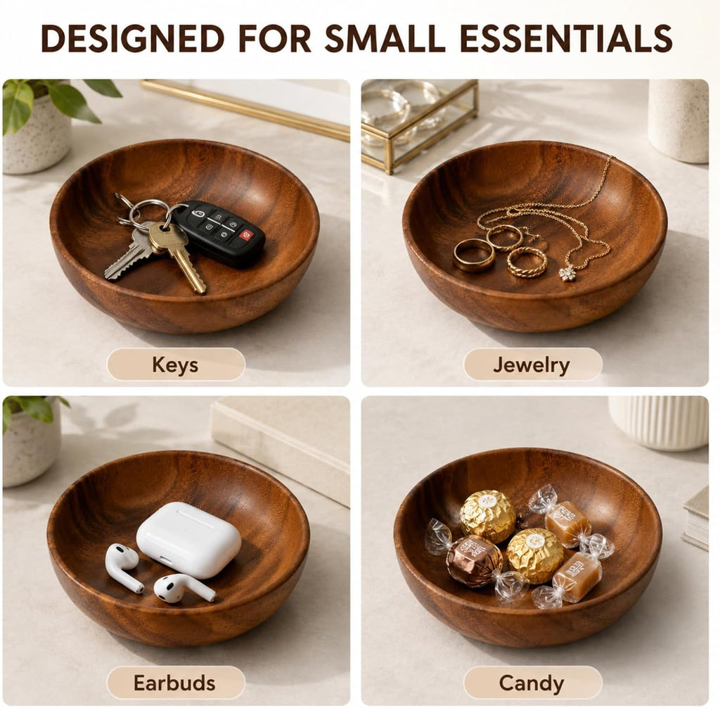 Small Acacia Wood Decorative Bowl, Entryway Key Tray Countertop Organizer