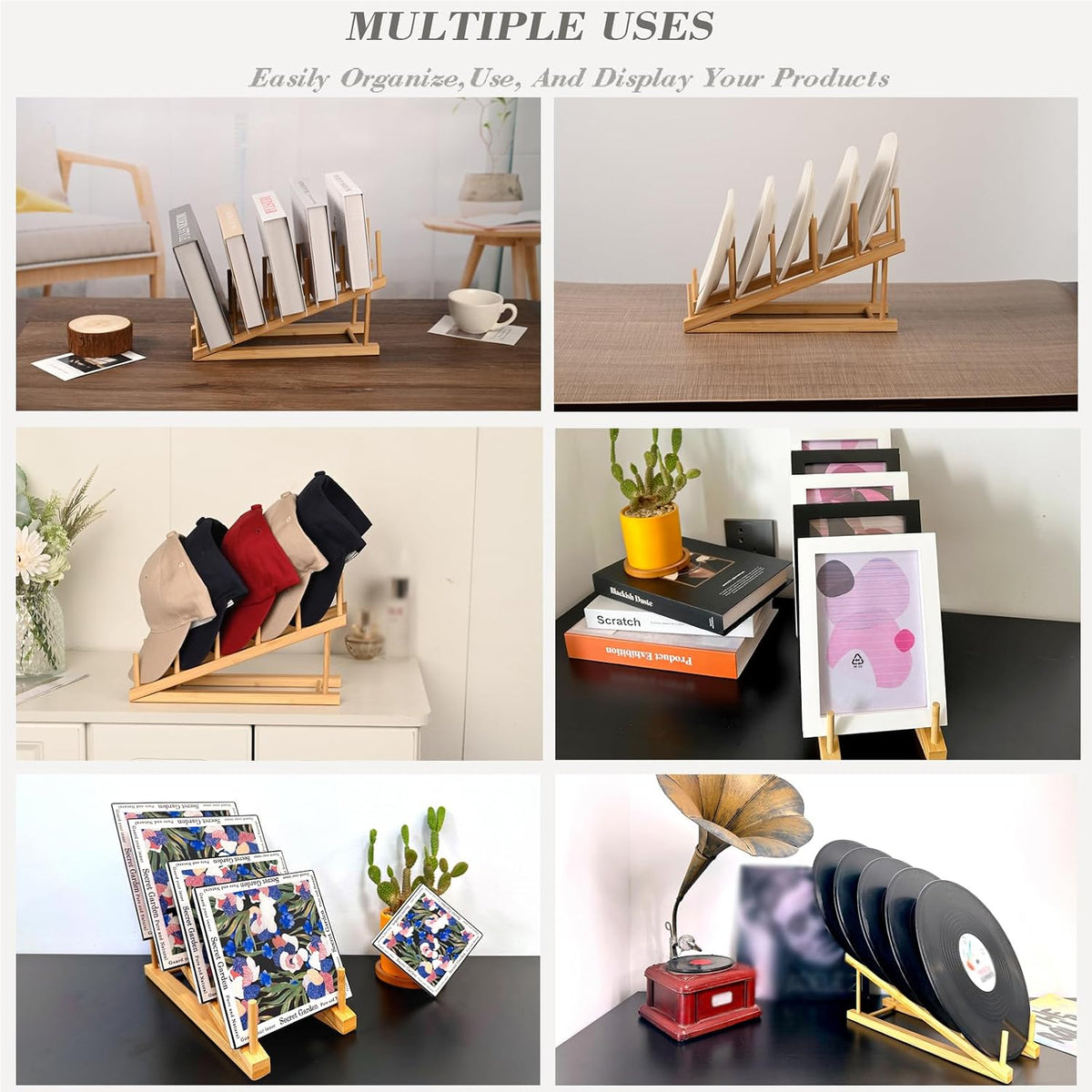 5 Pack Plate Stands For Display, Wooden Multi Plate Holder Organizer