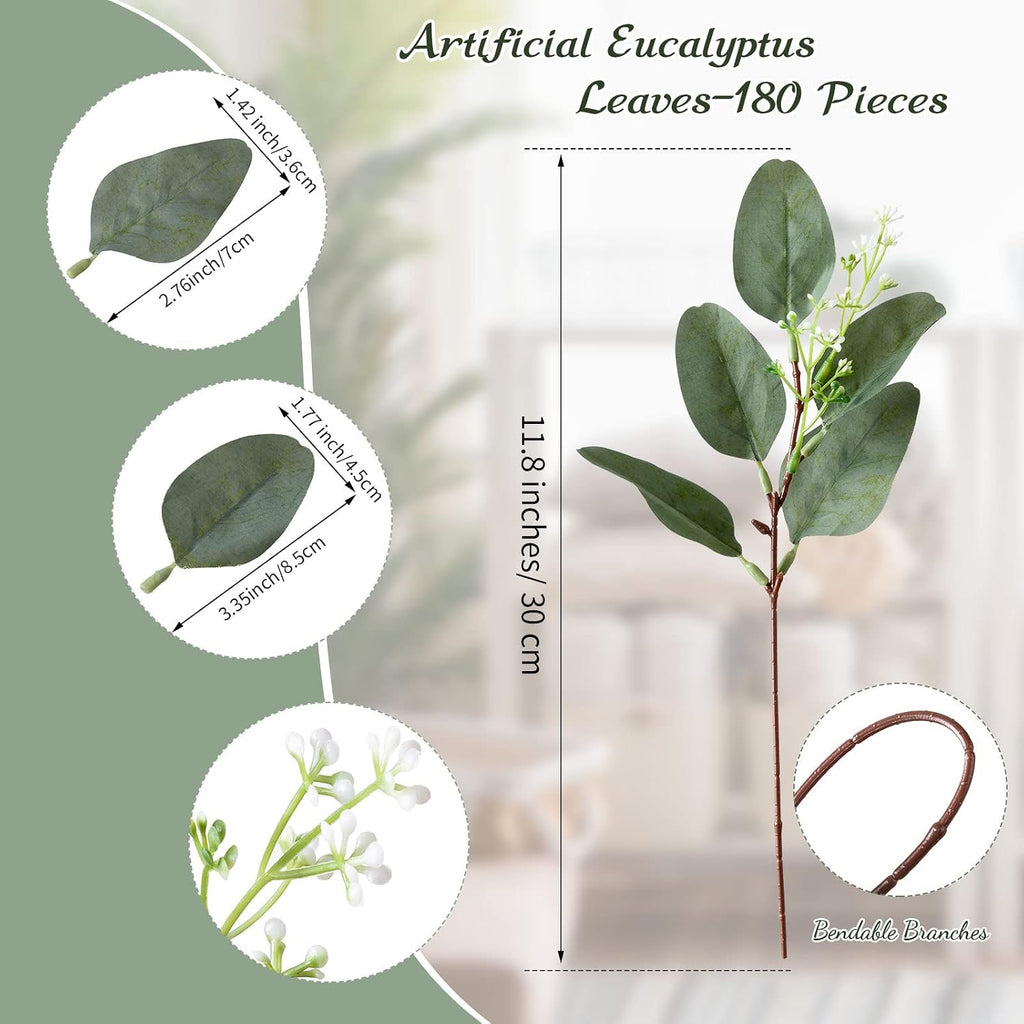 Hoteam 180 Pcs Eucalyptus Stems Decor Artificial Eucalyptus Leaves Greenery Stems Artificial Silver Dollar with White Seeds Grey Green Short Faux Leaves Branches for Wedding Bouquet Farmhouse Decor