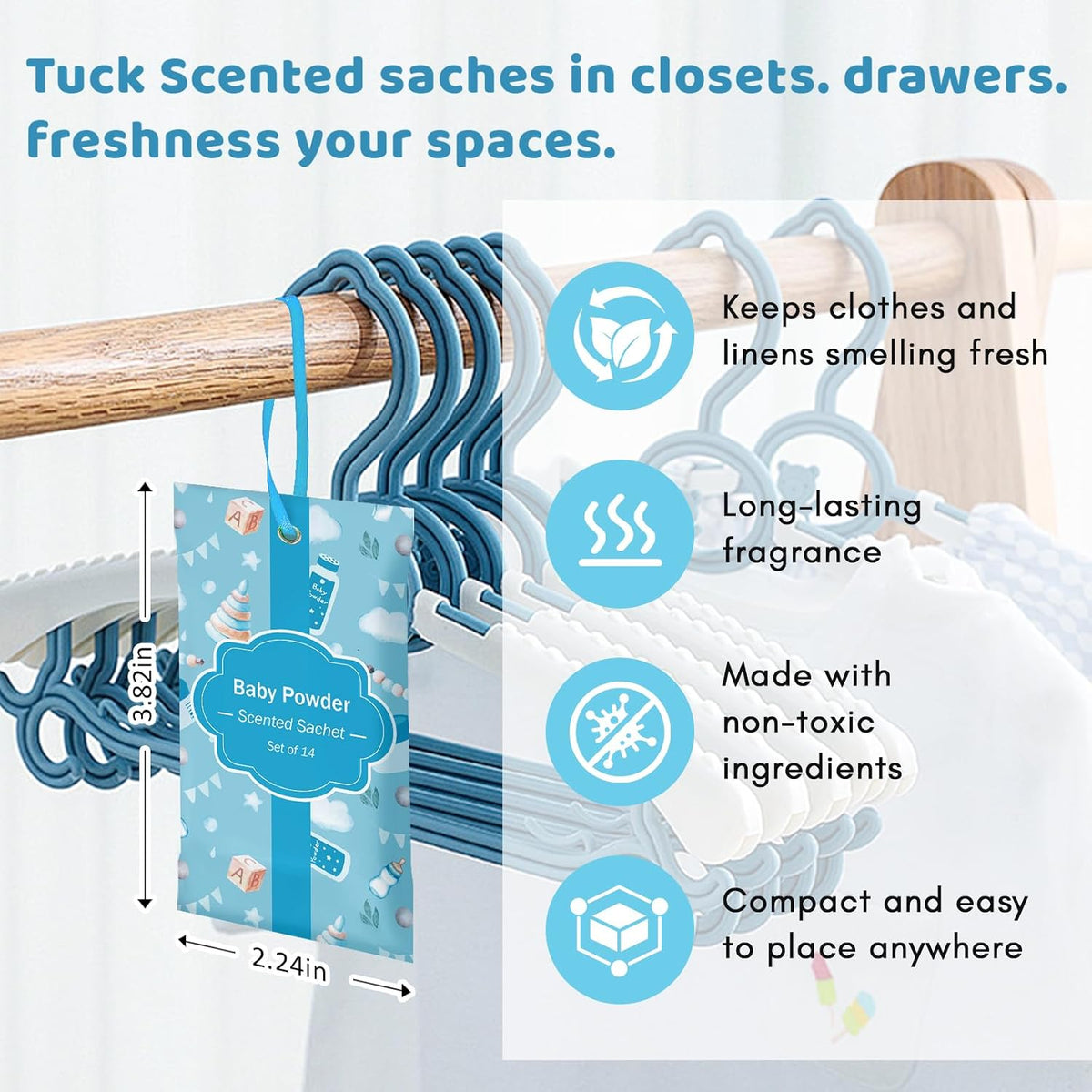 SCENTORINI Scented Sachets for Drawer and Closet, Baby Powder Scent 14 Pack