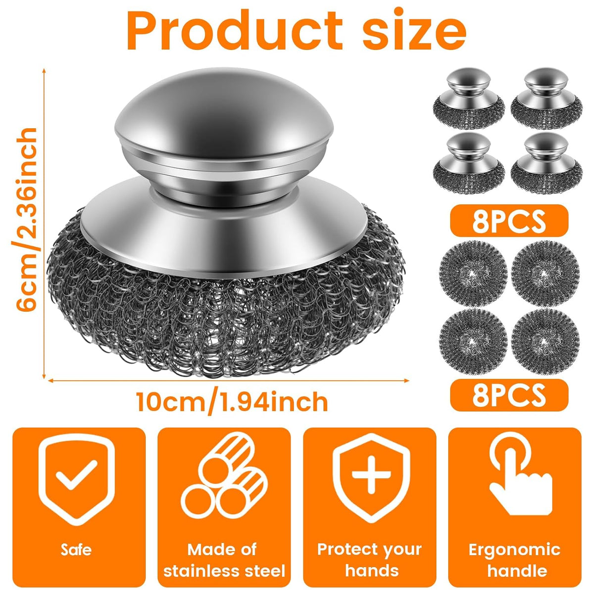 16 Pack Steel Wool Scrubber with 8 PCS Replacement Wire Pads Set, Replaceable Steel Pot Scrubber, Non Scratch Dish Sturdy, for Cleaning Pots, Pans, Grills, Sink