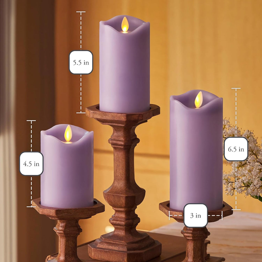 Matchless Candle Co. Flameless LED Battery Operated Flickering Pillar Candles - Pastel Purple - Set of 3 - Indoor Outdoor Decor Safe