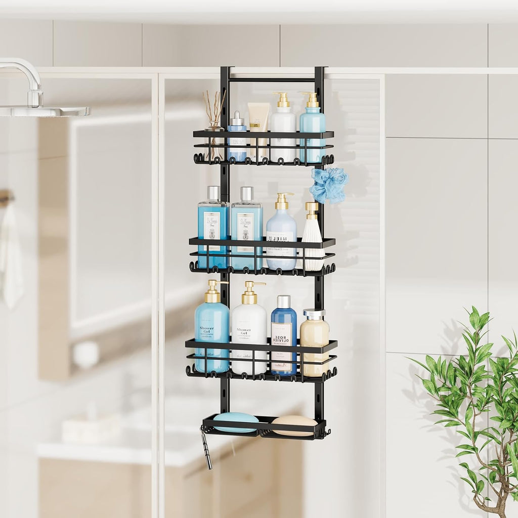 SWTYMIKI Over The Door Shower Caddy - 4 Tier Rustproof Hanging Shower Organizer with Adjustable Shelves, 40 Hooks & Soap Holder, Hanging Shower Rack Storage for Bathroom Accessories, Black