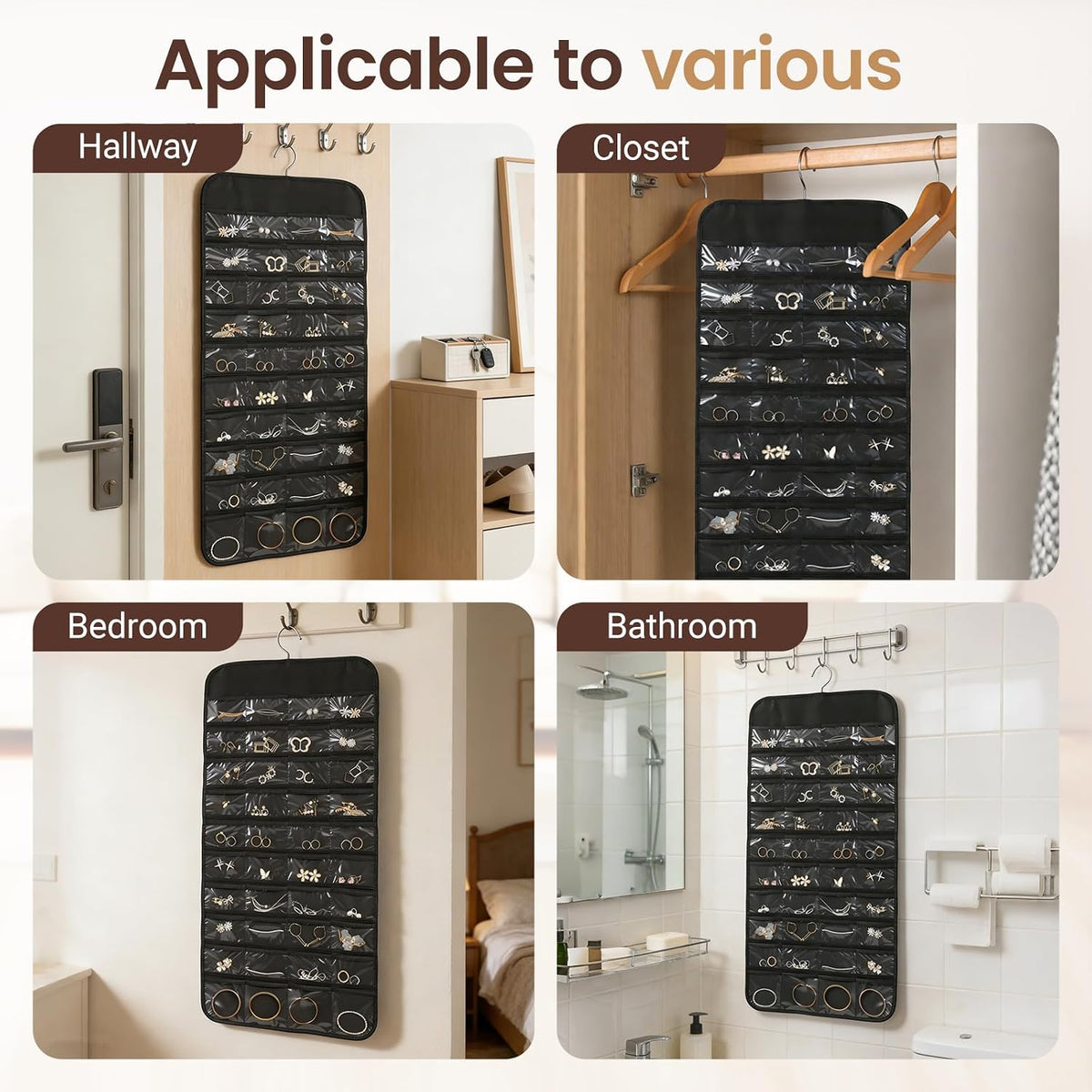 Black Hanging Jewelry Organizer, 80 Pockets Double-Sided, Wall Door Closet Storage for Earrings Necklaces Rings