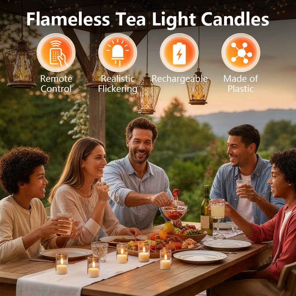 Rechargeable Flameless Tea Light Candles with Remote Timer,Clear Acrylic LED Votive Candles,USB-C Fast Charging,60+ Hour Runtime,Dimmable Flickering&Steady Glow for Home,Wedding,Holiday Decor,6 Pack