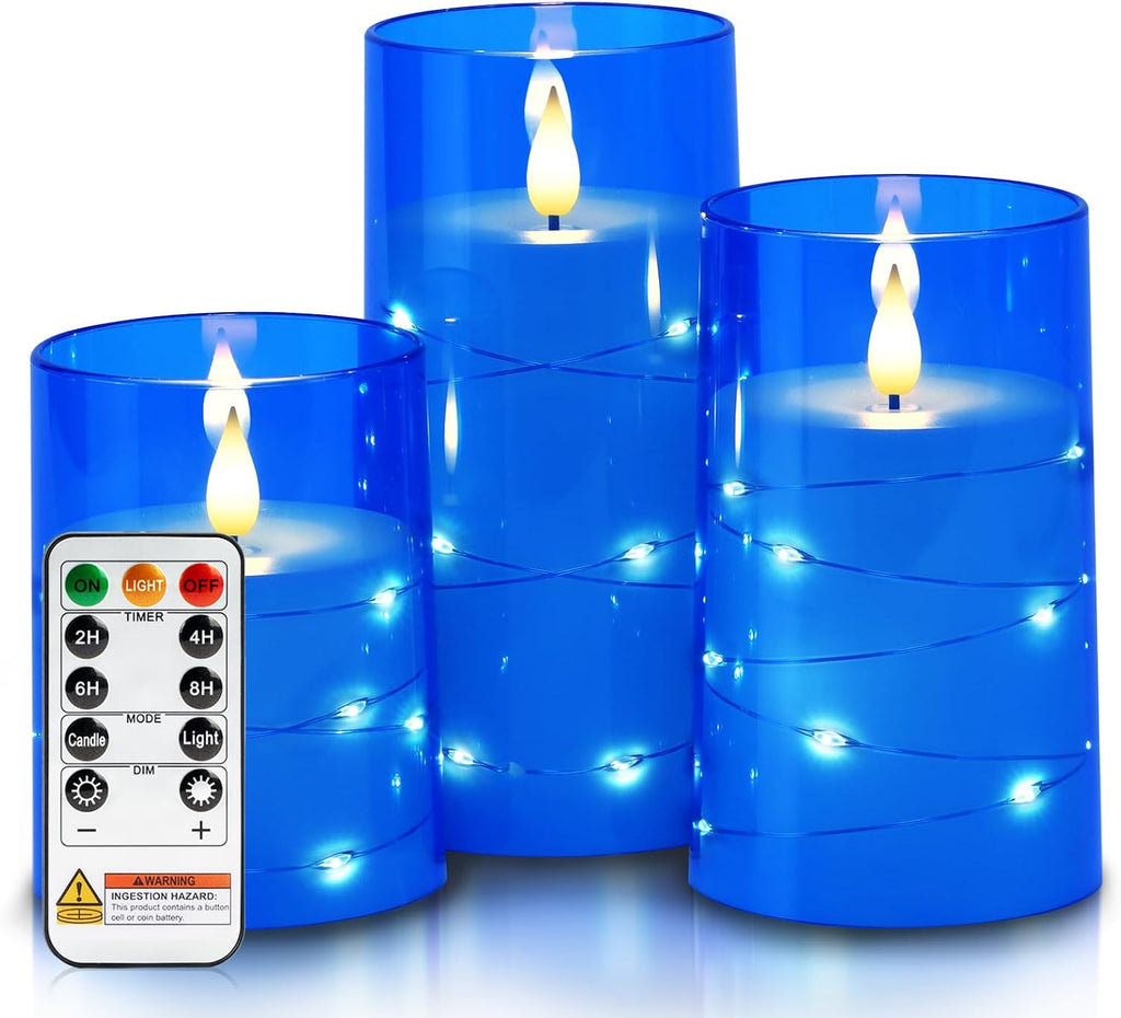 Homemory Flickering Flameless Candles, Blue LED Pillar Candles with Remote
