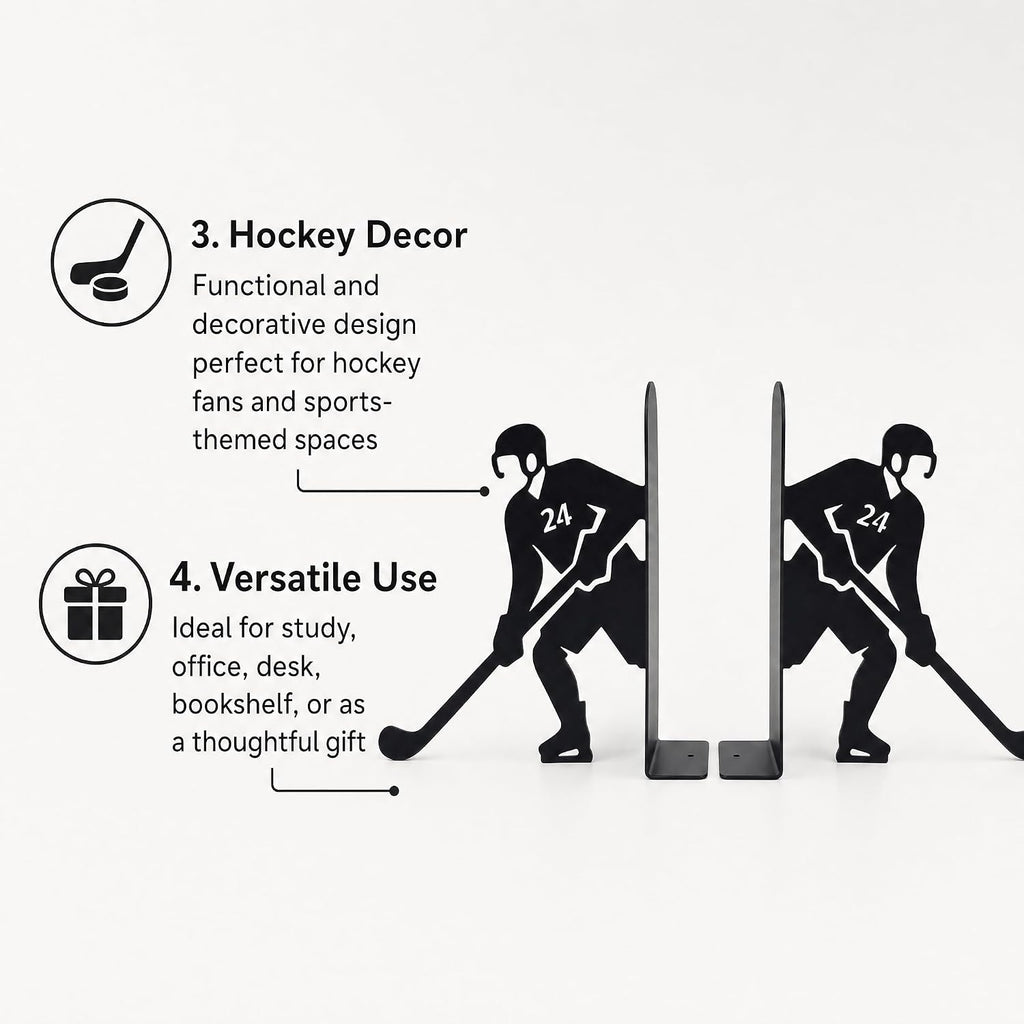 Ice Hockey Bookends, Set of 2 Black Metal Book Ends for Shelves, Laser-Cut Hockey Player Decorative Book Holders for Office Desk, Home Library and Study Room, 6.3 in Tall