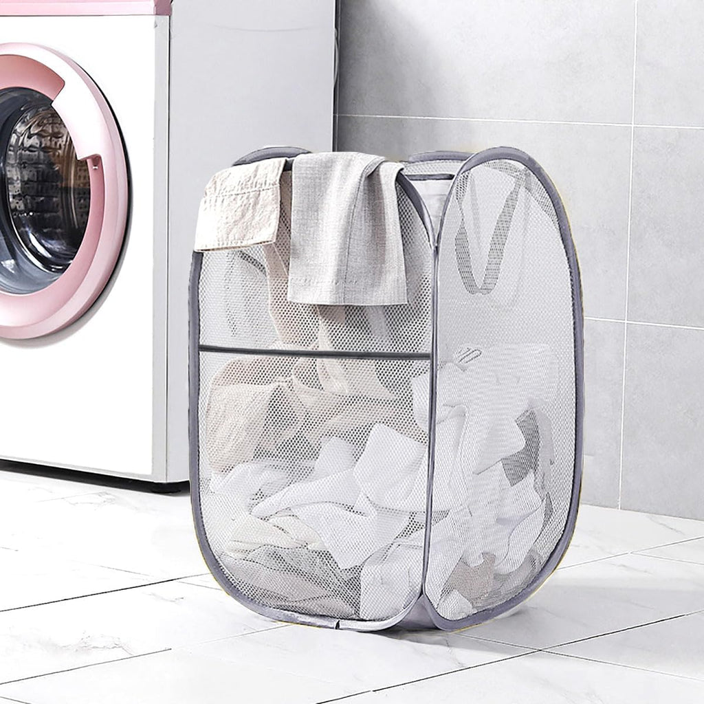 Larpur Popup Mesh Laundry Basket, Collapsible Laundry Hamper Portable Clothes Washing Laundry Hamper with Reinforced Carry Handles for Home, Dormitories, Travel, Apartments (Grey)