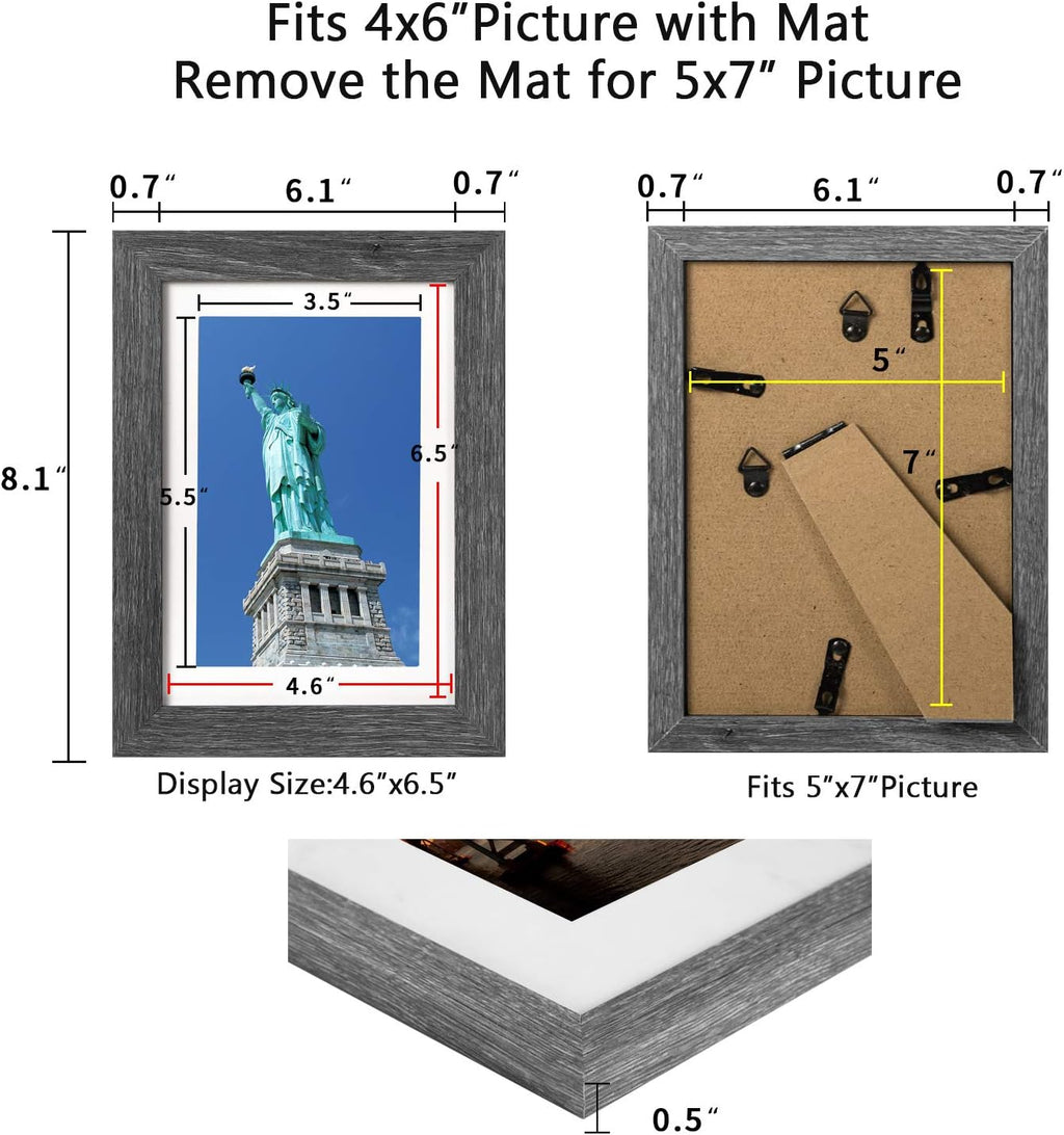 BAIJIALI 5x7 Picture Frame Rustic Grey Wood Pattern Set of 4,Display Photos 4x6 with Mat or 5x7 Without Mat, Horizontal and Vertical Formats for Wall and Table Mounting
