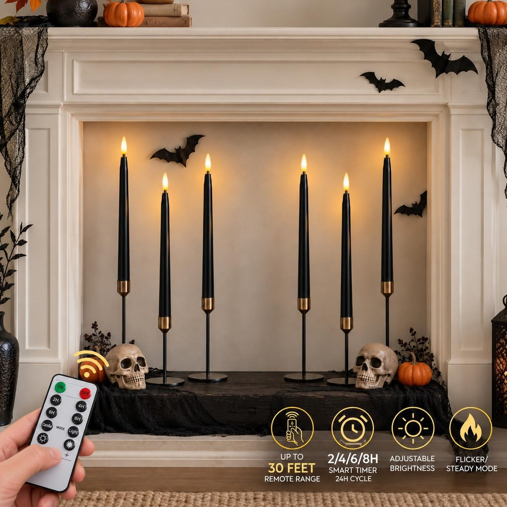 Black Flameless Taper Candles, Battery Operated Black Halloween Candles