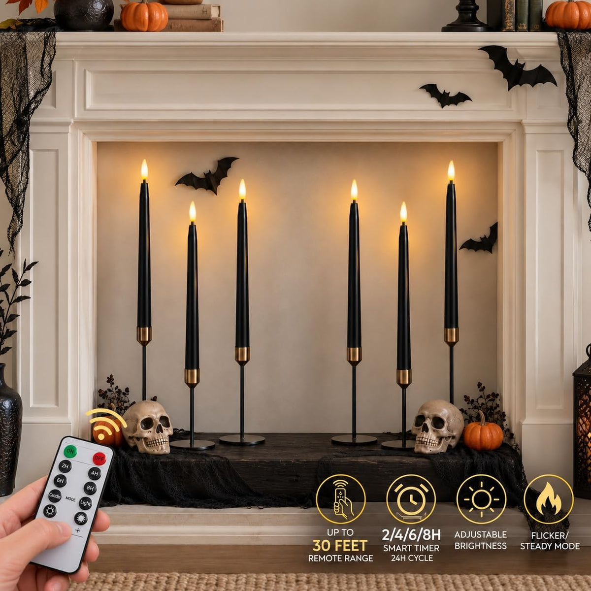 Black Flameless Taper Candles, Battery Operated Black Halloween Candles