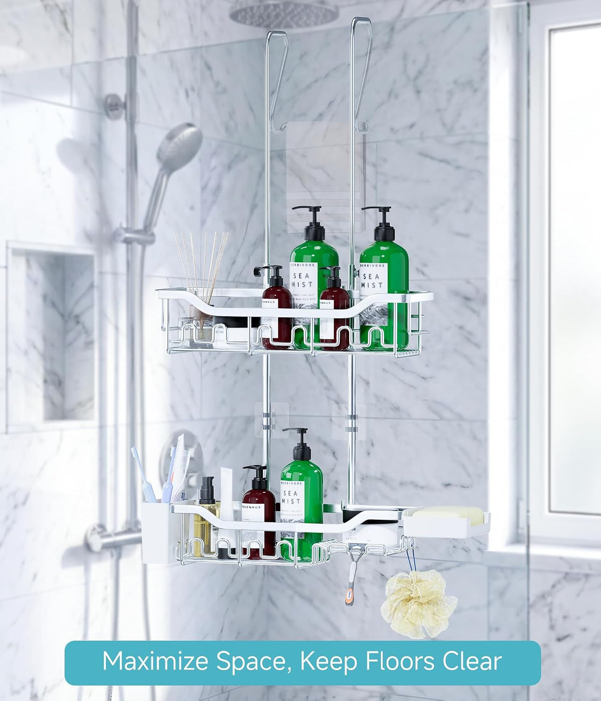 Shower Caddy Hanging Over the Door, Upgraded Extended Length Shower Organizer, Rustproof Bathroom Rack with Hooks Soap Holder, Silver