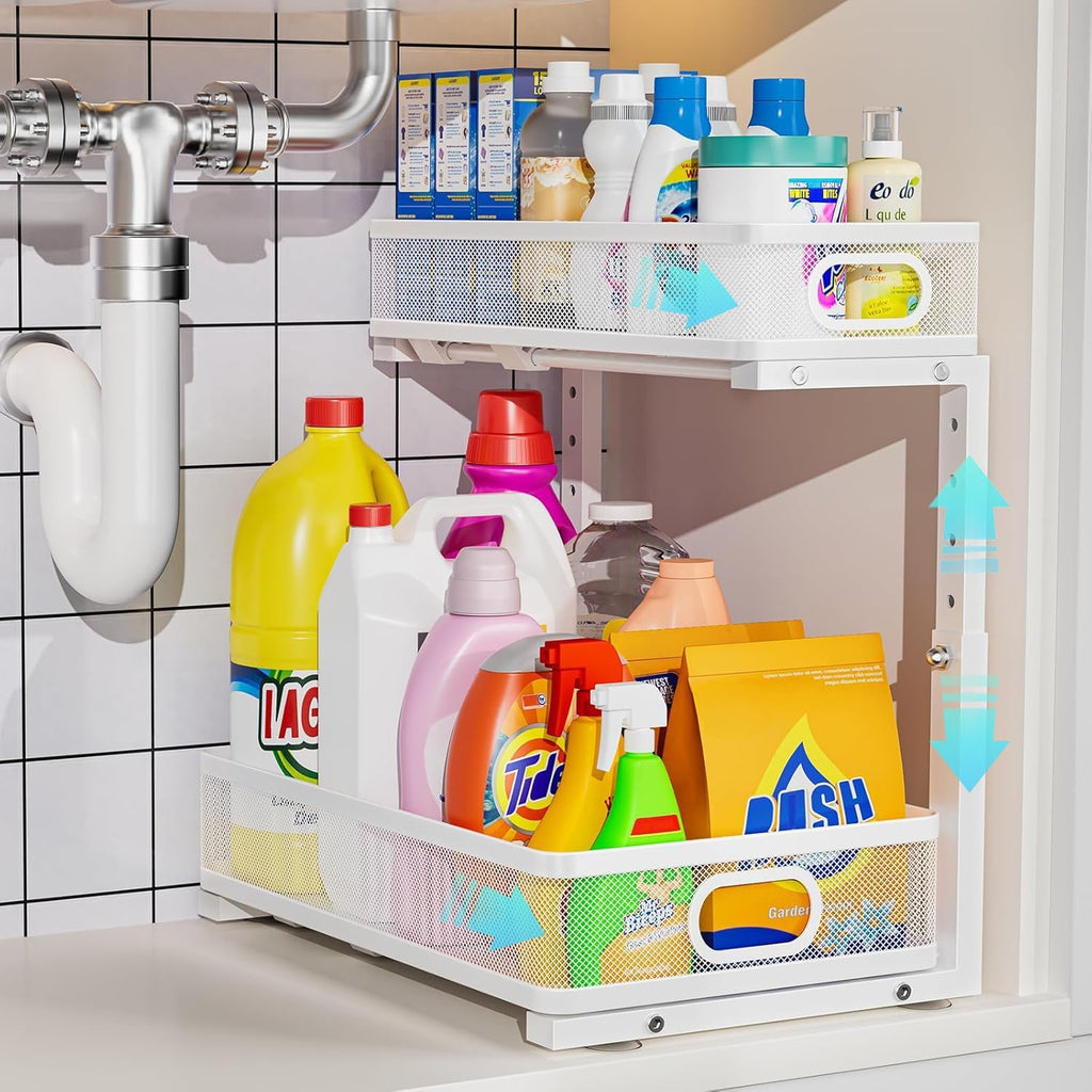 Under Sink Organizer, High Adjustable 2 Tier Under Sink Organizers and Storage, Slide out Metal Cabinet Organizers, Pull out Storage Drawer Shelf for Kitchen Bathroom Cabinet (White-1 pack)