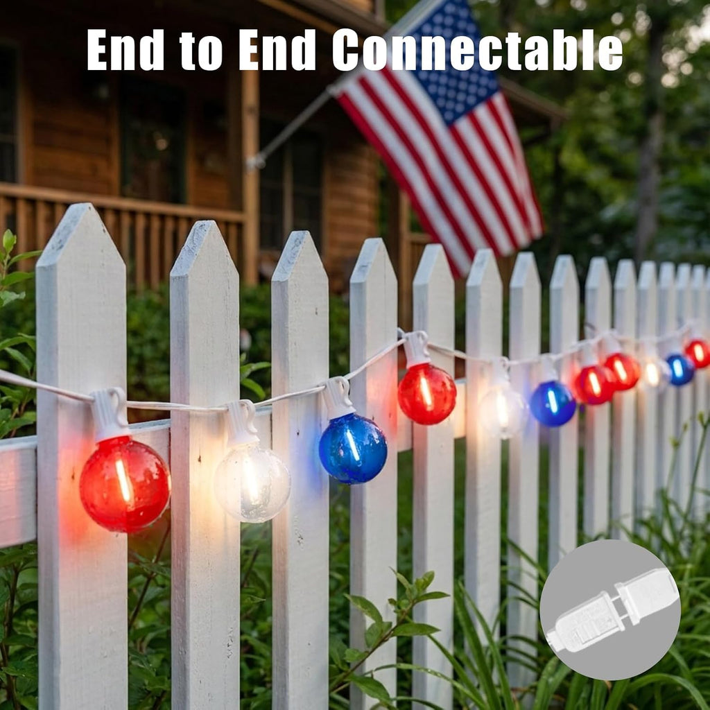 26FT 12 LED G40 Bulb Outdoor String Lights with White Wire, Multi Dynamic Lighting Modes, Decorative for National Day Holiday Garden Decor