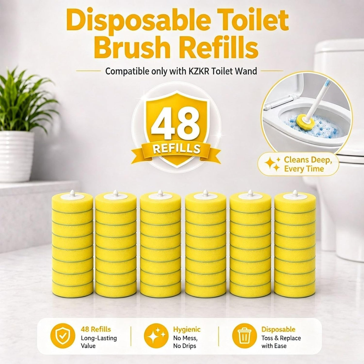 48 Count Disposable Toilet Brush Refills Compatible with KZKR Toilet Wand