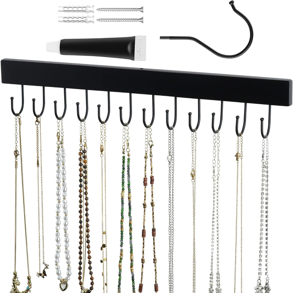ZEDODIER Necklace Organizer Wall Mount, Wooden Self-Adhesive Jewelry Hanger with 12 Adjustable Hooks, Hanging Holder for Necklace, Belts, Tank Tops, Bras, Black