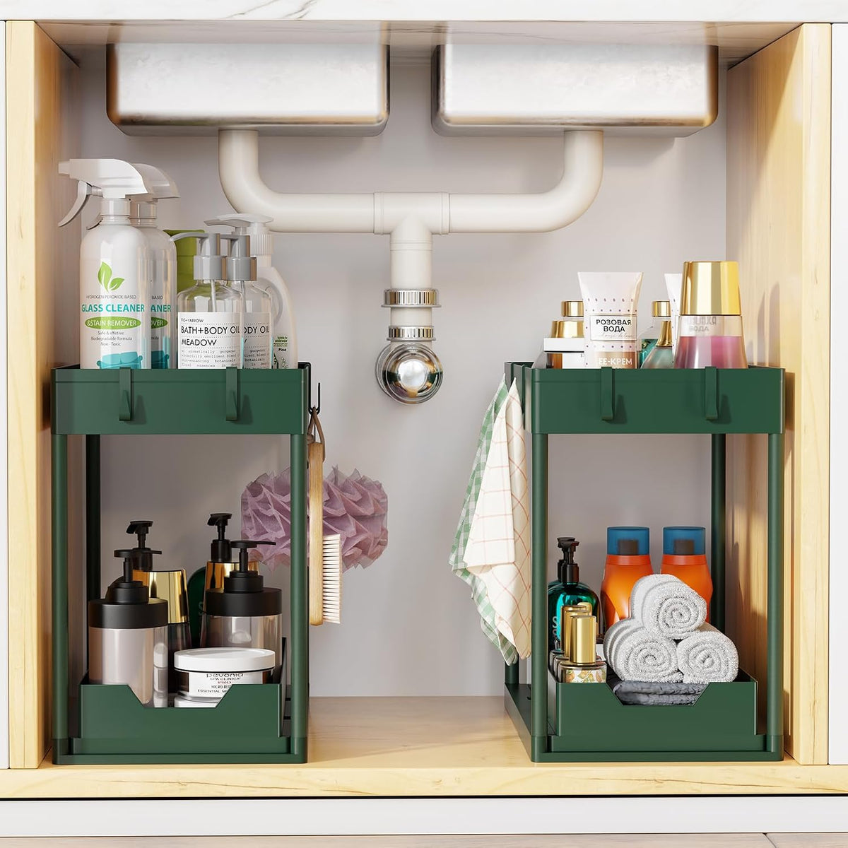 Simple Trending Under Sink Organizer 2 Pack, with Sliding Drawer, Green